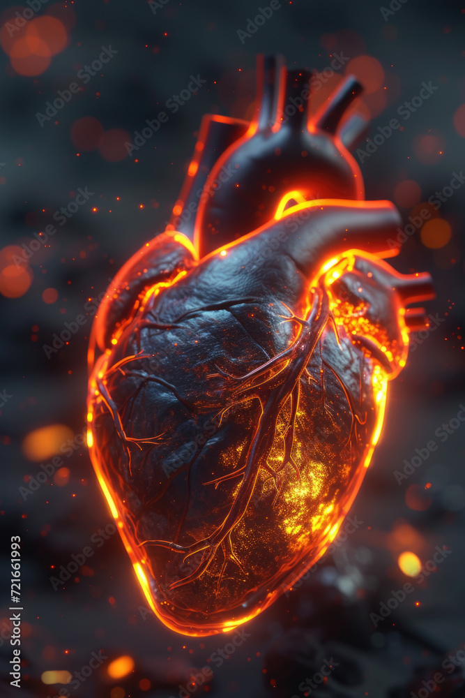 3D Model Heart with Orange Electric Pulse, Generative AI