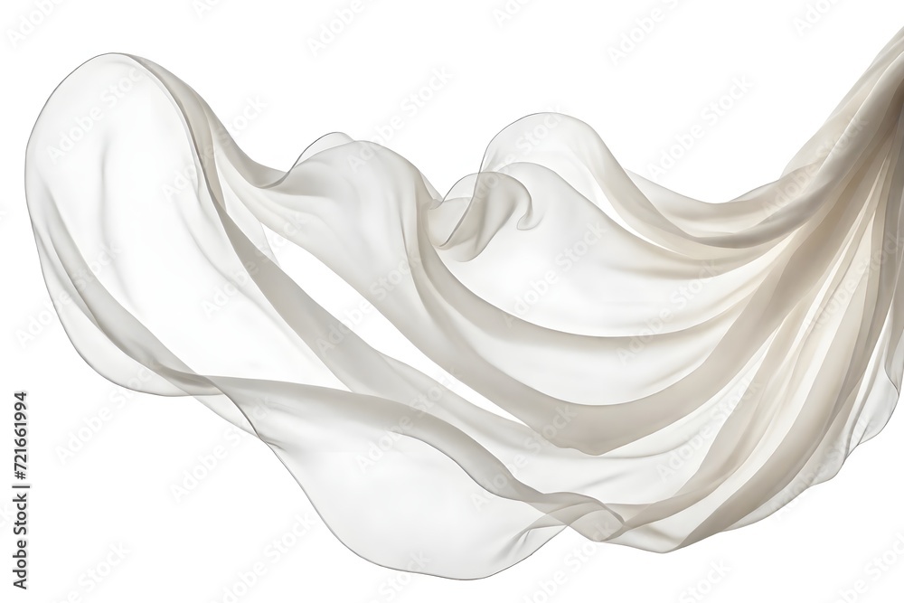 Flying white silk chiffon fabric on a white background. Weightless silk fabric.