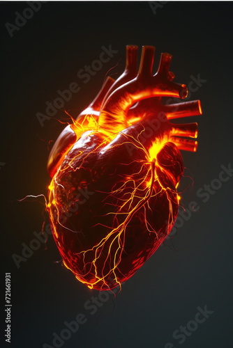 3D Model Heart with Orange Electric Pulse, Generative AI