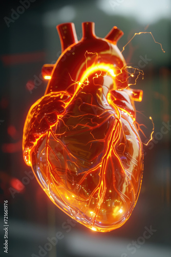 3D Model Heart with Orange Electric Pulse, Generative AI
