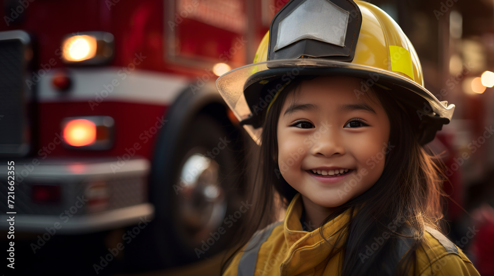 Illustration of a little Asian girl in firefighting clothes. Firefighter's daughter dressed in her father's clothes with a happy and excited expression. Illustration of a little Asian girl in firefighting clothes. Firefighter's daughter dressed in her father's clothes with a happy and excited expression.