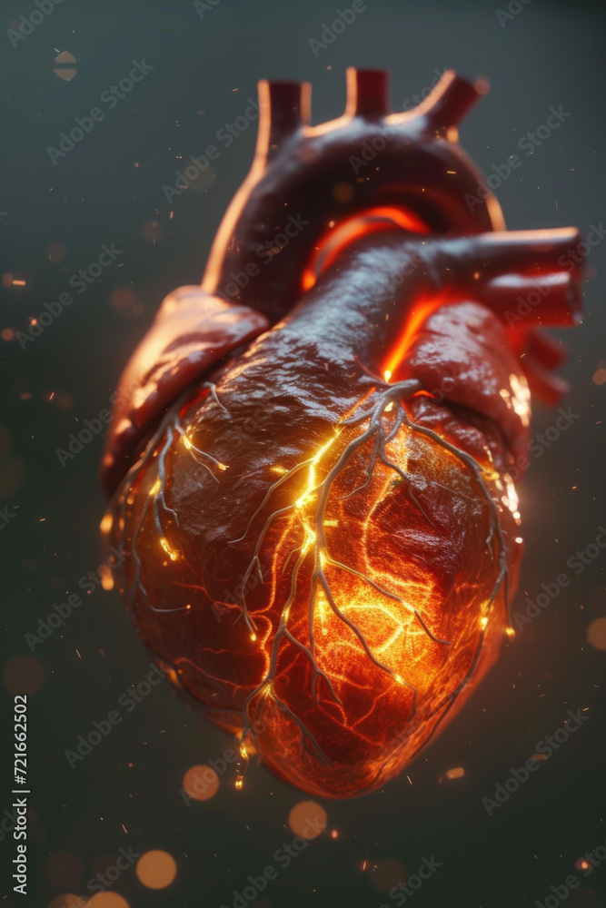 3D Model Heart with Orange Electric Pulse, Generative AI