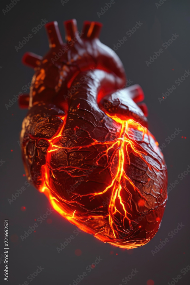 3D Model Heart with Orange Electric Pulse, Generative AI