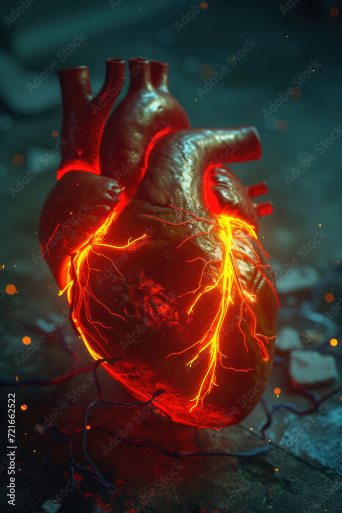3D Model Heart with Orange Electric Pulse, Generative AI