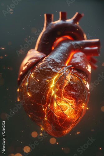 Obraz na płótnie 3D Model Heart with Orange Electric Pulse, Generative AI w salonie