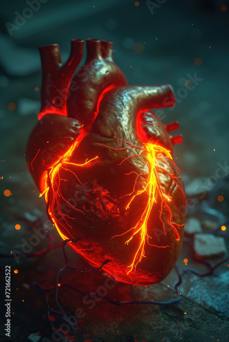 Obraz na płótnie 3D Model Heart with Orange Electric Pulse, Generative AI w salonie