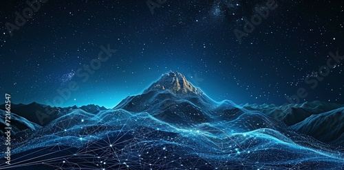 Data visualization, Data technology futuristic illustration. mountain of bright particles. Network of dots connected by lines.