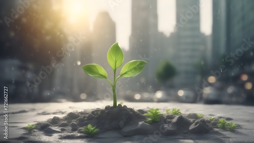 A green sprout breaks through the asphalt or concrete. The concept of new development and renewal as a business concept. The sprout of a tree grew from the ground.