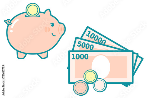 貯金をイメージした紙幣と硬貨のイラスト