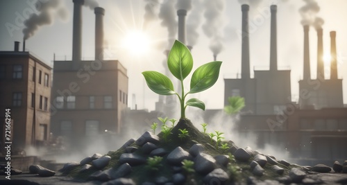 A green sprout makes its way through the ground against the backdrop of smoking factories. Concept of environmental pollution and environmental problems. A tree sprout grew from the ground. photo