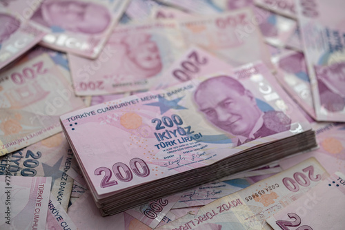 Gaziveren, Cyprus 01/27/2024 - a pack of 200 Turkish lira bills 7