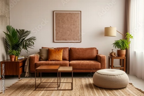 Warm and cozy interior of living room space with brown sofa, pouf, beige carpet, lamp, mock up poster frame, decoration, plant and coffee table. generative ai. © SEUNGJIN