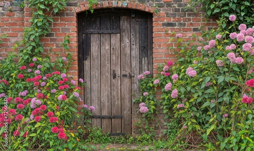 Rustic Wooden Door Amidst Blooming Garden