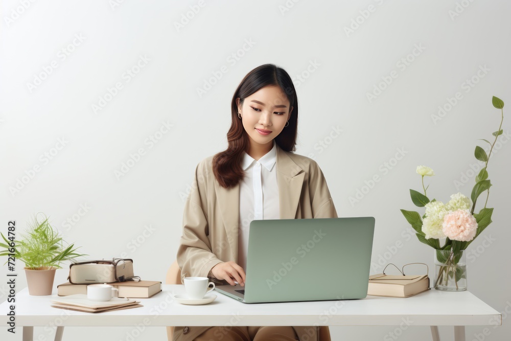 An Asian woman sits with her laptop in a minimalistic white room, creating a tranquil and productive atmosphere for work Generative AI. An Asian woman sits with her laptop in a minimalistic white room, creating a tranquil and productive atmosphere for work Generative AI.