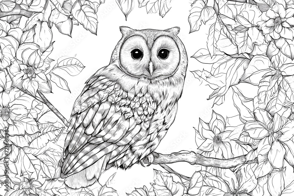Fototapeta premium bird for coloring book. Ethnic retro illustration of owl in Forest style with flowers and leaves.