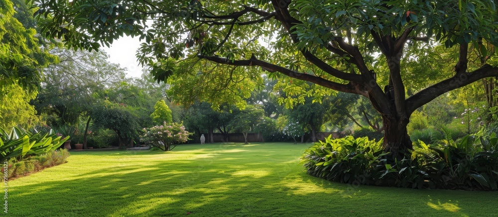 Captivating Walnut Tree and Serene Garden Seamlessly Blend, Engaging Visitors with Lush Foliage, Majestic Walnut Tree, and Tranquil Garden Ambiance