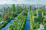 Green city of the future. Solar panels. Wind generators. Green living environment