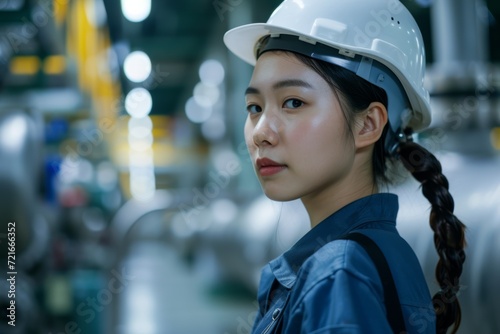 Portrait of a Focused Female Engineer in Factory. Generative AI.