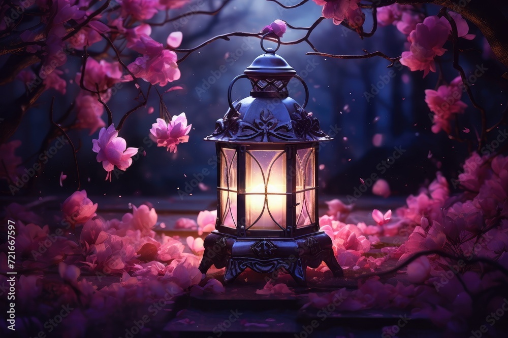 Lantern in the garden with blooming sakura flowers. lantern on the ground in front of pink flowers. fantasy image. festive wallpaper. Lantern in the garden with blooming sakura flowers. lantern on the ground in front of pink flowers. fantasy image. festive wallpaper.
