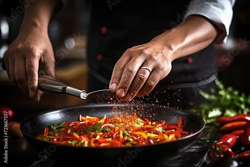 Chef preparing vegetable stir fry in pan, closeup of hands. Backstage of preparing meal. The concept of proper nutrition. Close-up view of chef cooking. Food concept.