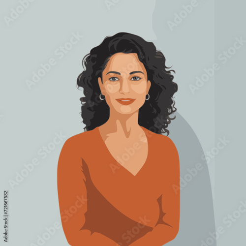 Cheerful middle aged woman with curly hair. Portrait of attractive brunette woman standing with crossed arms and smiling at camera isolated on grey background. Emotion concept. Woman. SVG vector minim