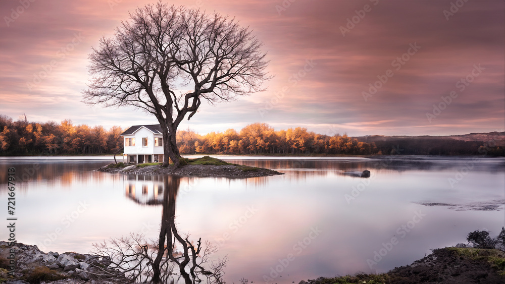 Minimalist image of a white cabin reflecting in a calm lake. AI generated.