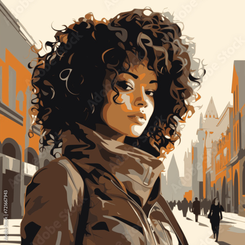 Portrait of young woman with curly hair in the city. Woman. SVG vector minimalist colors style.
