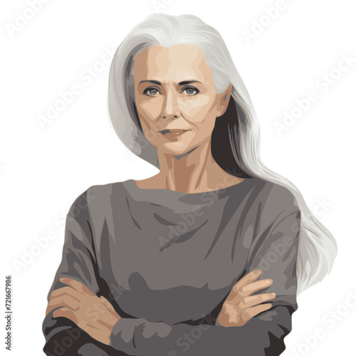 Beautiful grey-haired woman with crossed arms. Woman. SVG vector minimalist colors style.