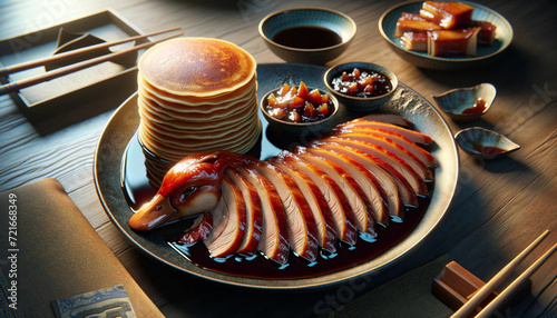 a glamorous illustration of Peking Duck with Pancakes and Hoisin Sauce photo