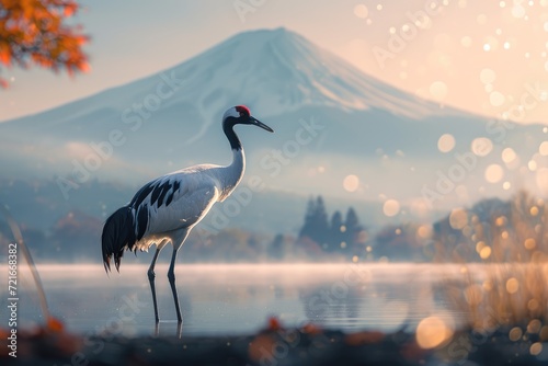 In the Shadow of Mount Fuji, Japan - A Red-Crowned Crane Graces the Serene Landscape, Perfectly Encapsulating Harmony with Tranquil Waters and Majestic Mountain.
 photo