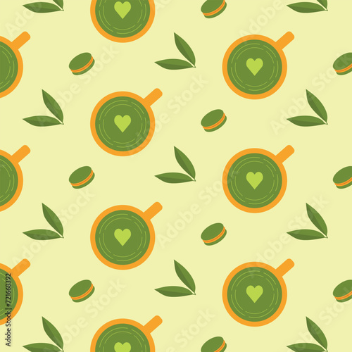 Seamless pattern with cup of matcha, leaves and macaroons. Vector illustration for wallpaper, packaging, wrapping, textile.