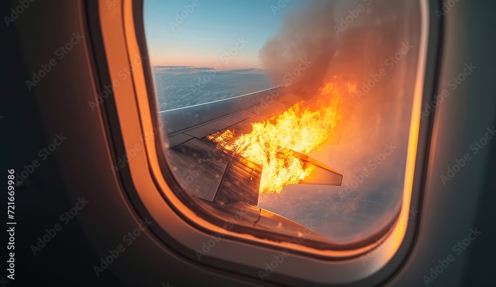 Aviation Nightmare: View from Airplane Window with Wing in Flames - An In-Flight Accident Inducing Fear, Panic, and Prompting Urgent Maintenance and Inspection for Aircraft Safety.




 - obrazy, fototapety, plakaty 