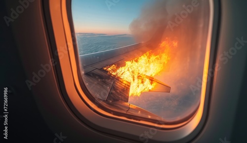 Aviation Nightmare: View from Airplane Window with Wing in Flames - An In-Flight Accident Inducing Fear, Panic, and Prompting Urgent Maintenance and Inspection for Aircraft Safety.