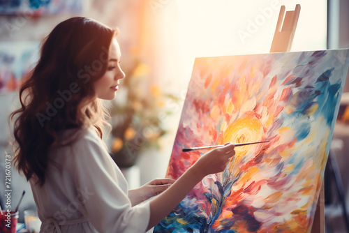 Beautiful young woman artist is painting picture on canvas in her studio. photo