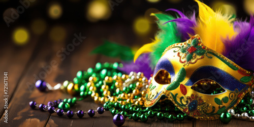 Mardi Gras Masquerade: A Festive Carnival Party with Vibrant Venetian Masks, Gold Necklaces, and Colorful Beads on a Fun Yellow, Purple, and Green Background photo