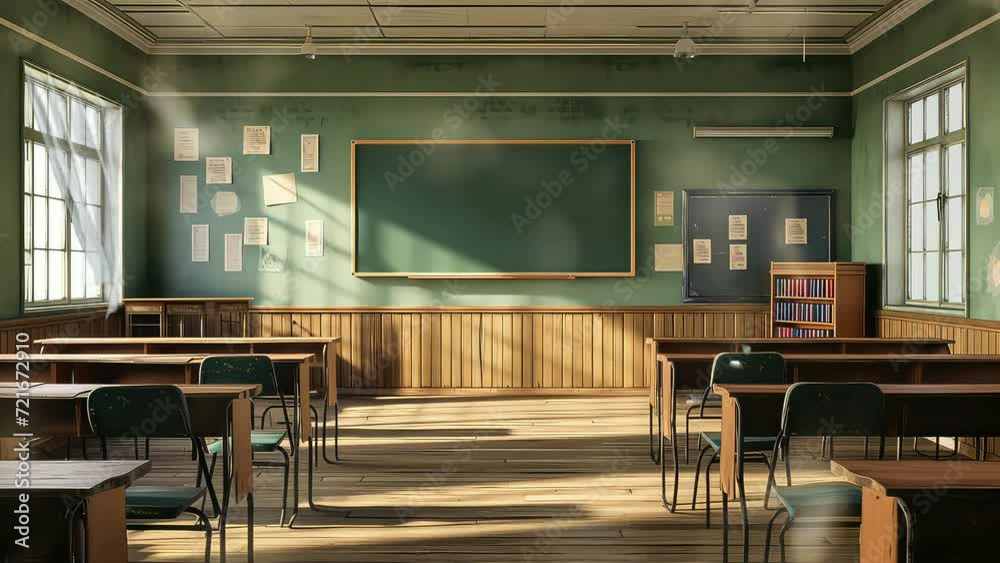 Animation empty school or university classroom with big chalkboard. seamless 4k video background. generated with ai