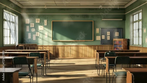 Animation empty school or university classroom with big chalkboard. seamless 4k video background. generated with ai
