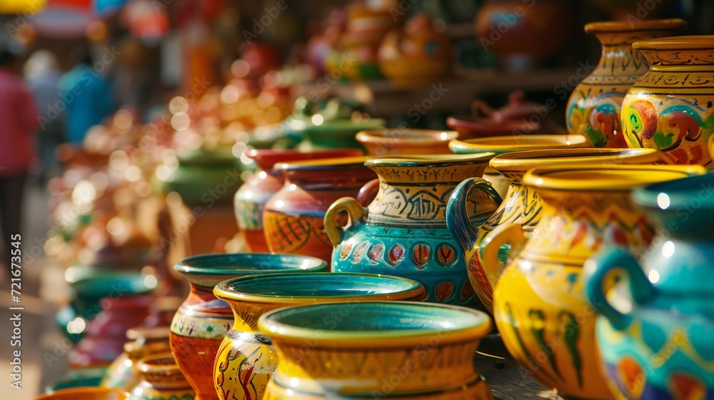 Vibrant Handcrafted Pottery on Display at Local Market Vibrant Handcrafted Pottery on Display at Local Market