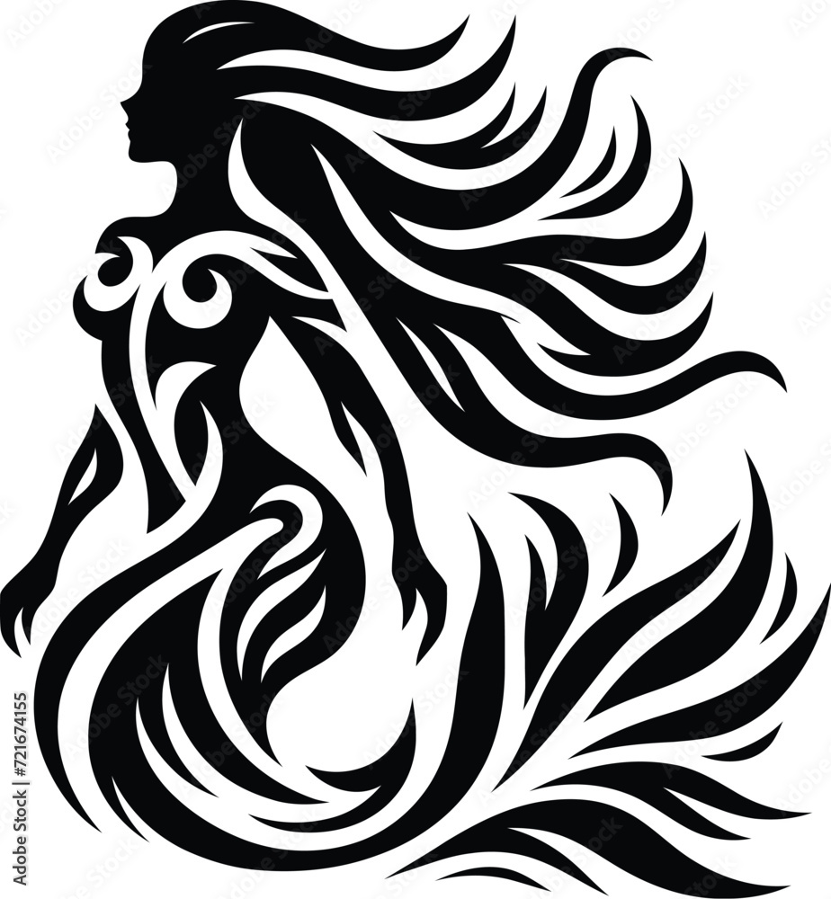 modern tribal tattoo mermaid, abstract line art of mythological creatures, fantasy, minimalist contour. Vector