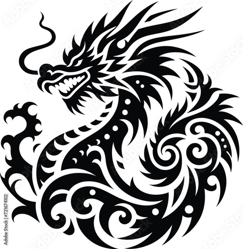 modern tribal tattoo dragon, fantasy, abstract line art of mythology creature, minimalist contour. Vector