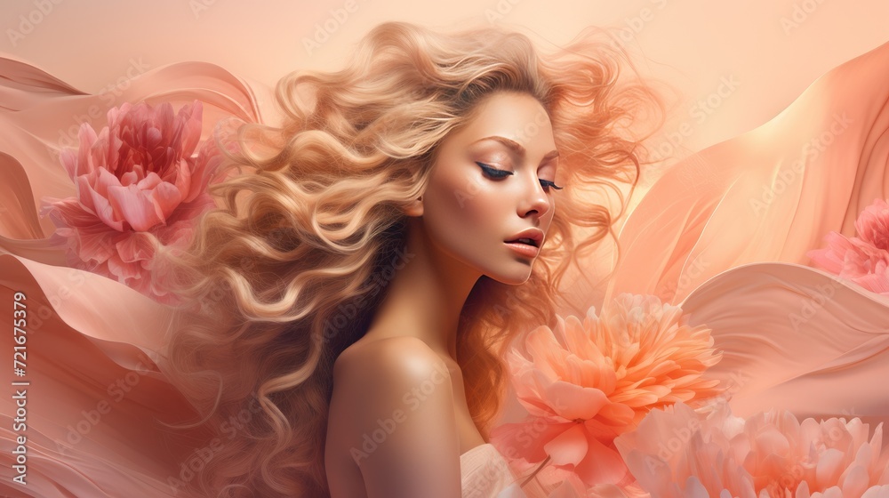 Portrait of a beautiful young woman with long curly hair in pink dress