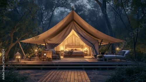 Moonlit Glamping Oasis with Canvas Tent in Secluded Forest