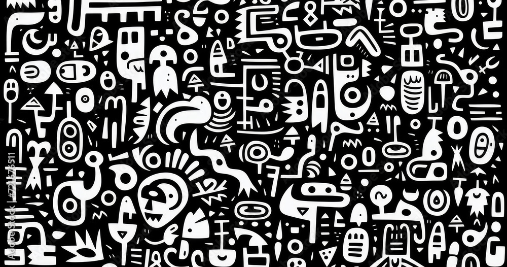 eclectic sketches and icons in seamless monochrome pattern