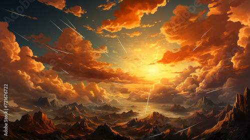 Awe-Inspiring Horizon: Captivating Skyline adorned with Vibrant Hues of Sunset, Sunrise & Nature's Dramatic Palette, generative AI