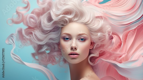 Beautiful blonde woman with wavy hair and colorful makeup, beauty salon design