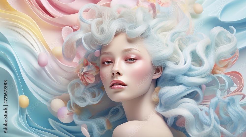 Beautiful blonde woman with wavy hair and colorful makeup, beauty salon design Beautiful blonde woman with wavy hair and colorful makeup, beauty salon design
