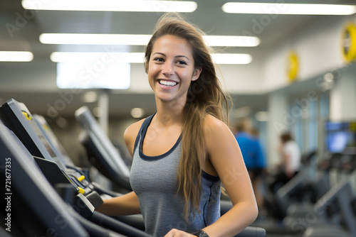 Portrait of a smiling young woman running on a treadmill in a gym