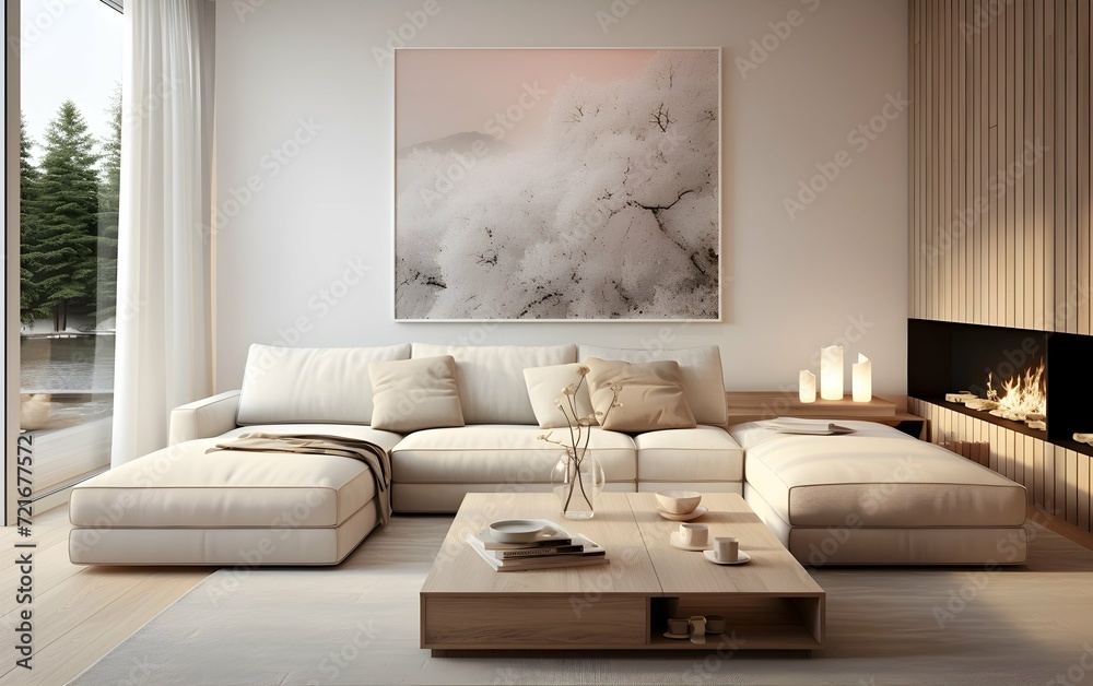 Living room decor in a minimalist beige style with a fireplace