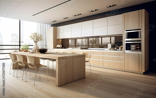 Modern kitchen interior with large wooden countertop