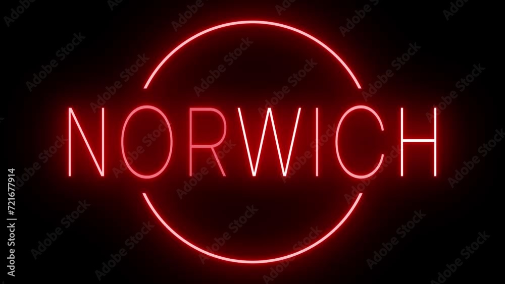 Flickering red retro style neon sign glowing against a black background for NORWICH Flickering red retro style neon sign glowing against a black background for NORWICH